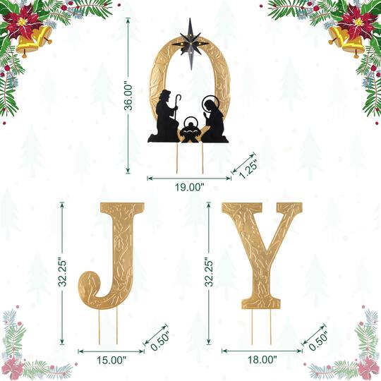 Glitzhome® Set of 3 Lighted Christmas Metal Embossed Gold JOY Yard Stake with Timer